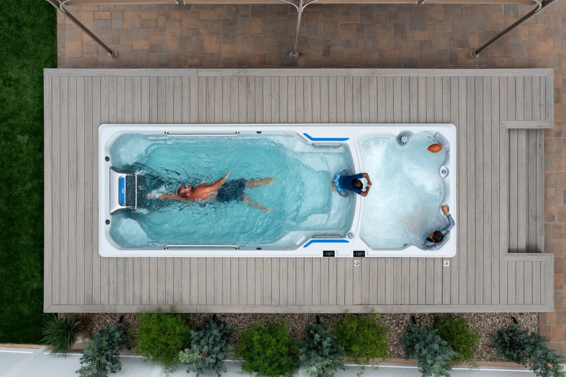 Overhead view of Endless Pools swim spa with swimmer